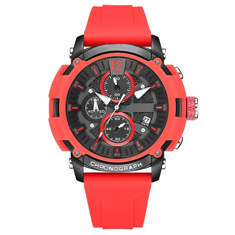 Men's black waterproof quartz watch with luminous display and calendar showing 51mm case