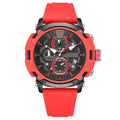 Men's black waterproof quartz watch with luminous display and calendar showing 51mm case