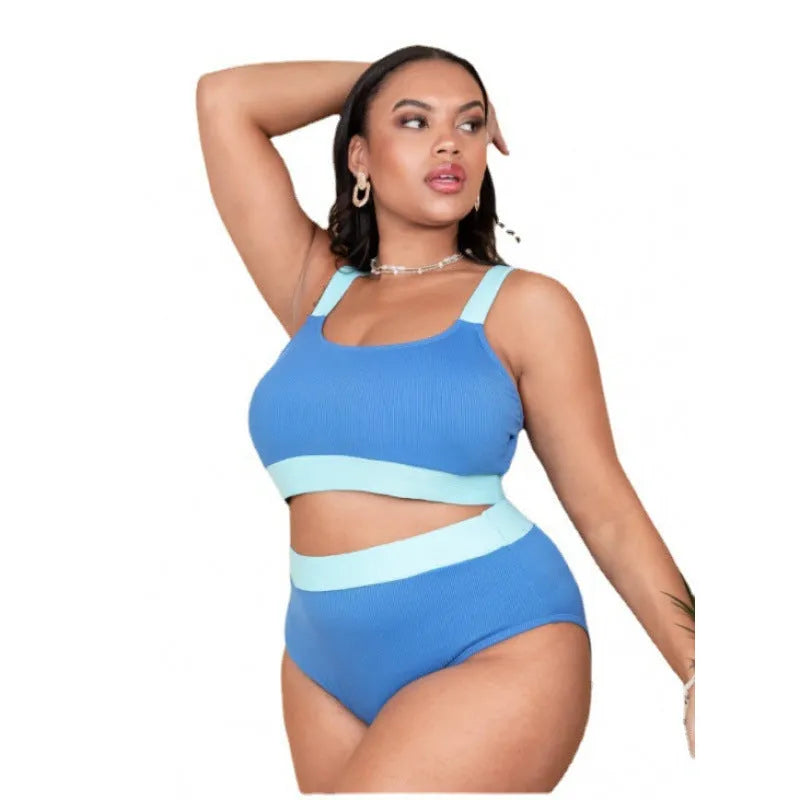 Women's solid colour bikini set with high waist briefs and stitching detail.