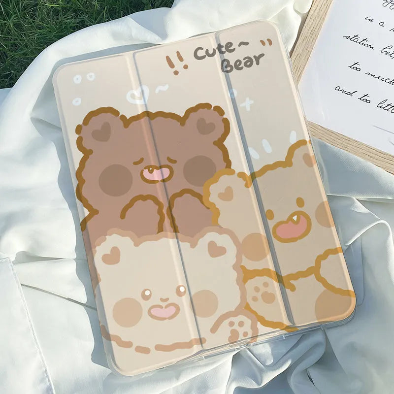 Cartoon rabbit design silicone tri-fold protective case for an iPad, showing its flat profile and stand function.