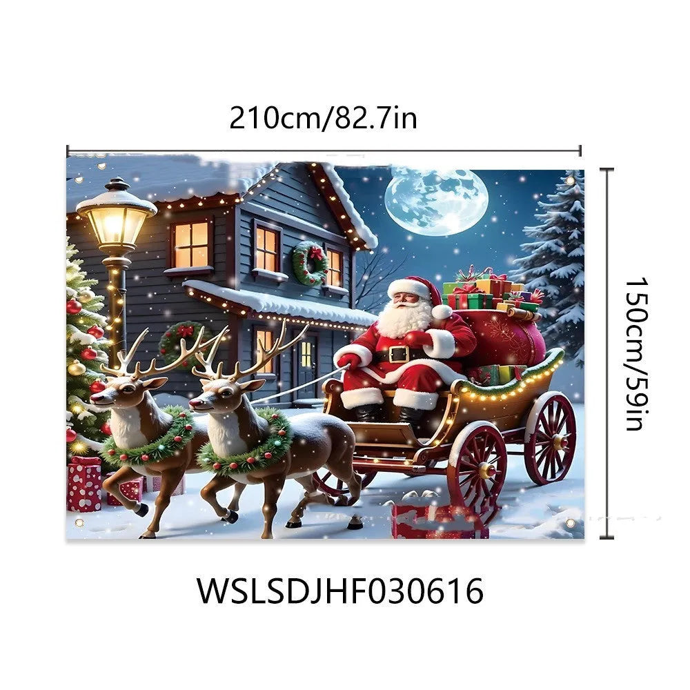 Christmas banner with Santa Claus and gifts scene measuring 210x150 cm
