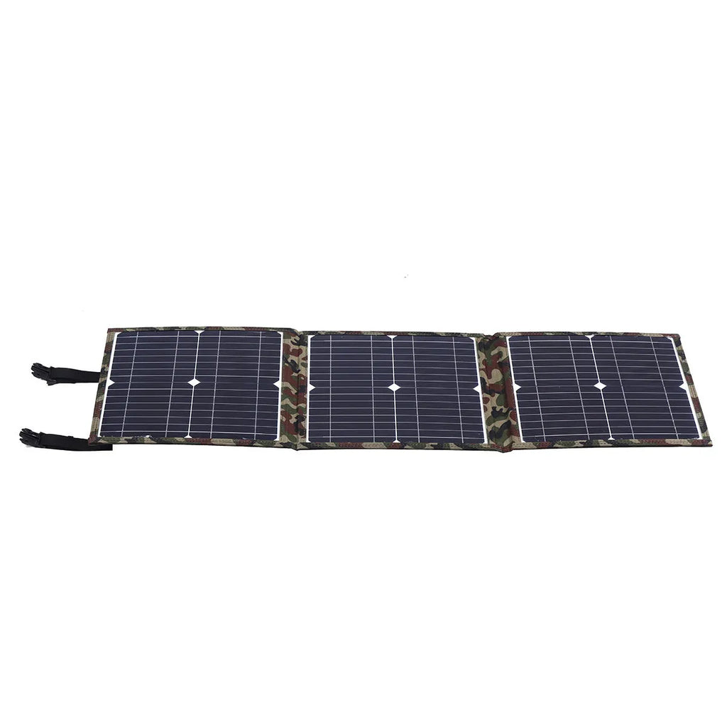 Black foldable solar panel with three monocrystalline silicon cells, car charger, and USB hub accessories