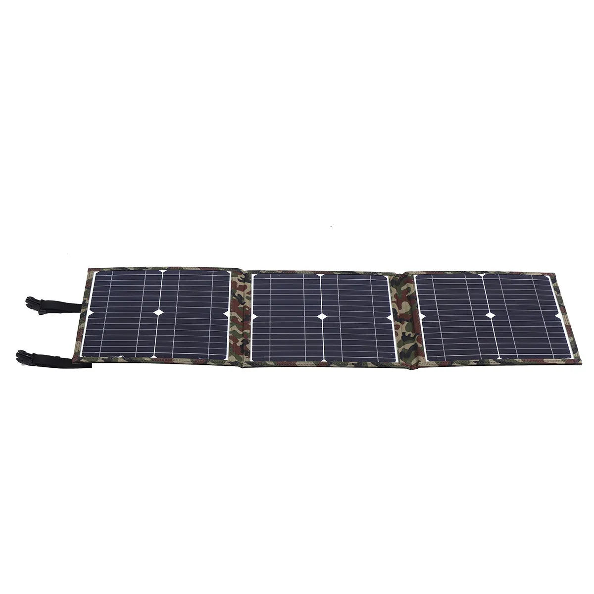 Black foldable solar panel with three monocrystalline silicon cells, car charger, and USB hub accessories
