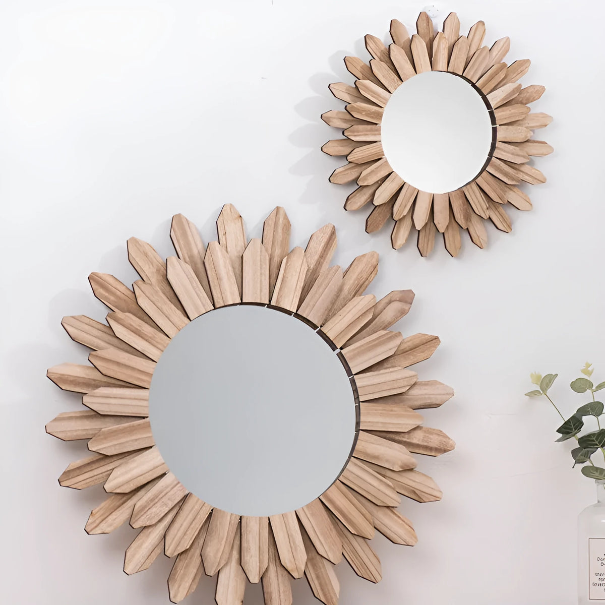 Round European-style solid wood hanging mirror with baked colour finish, shown on a wall.