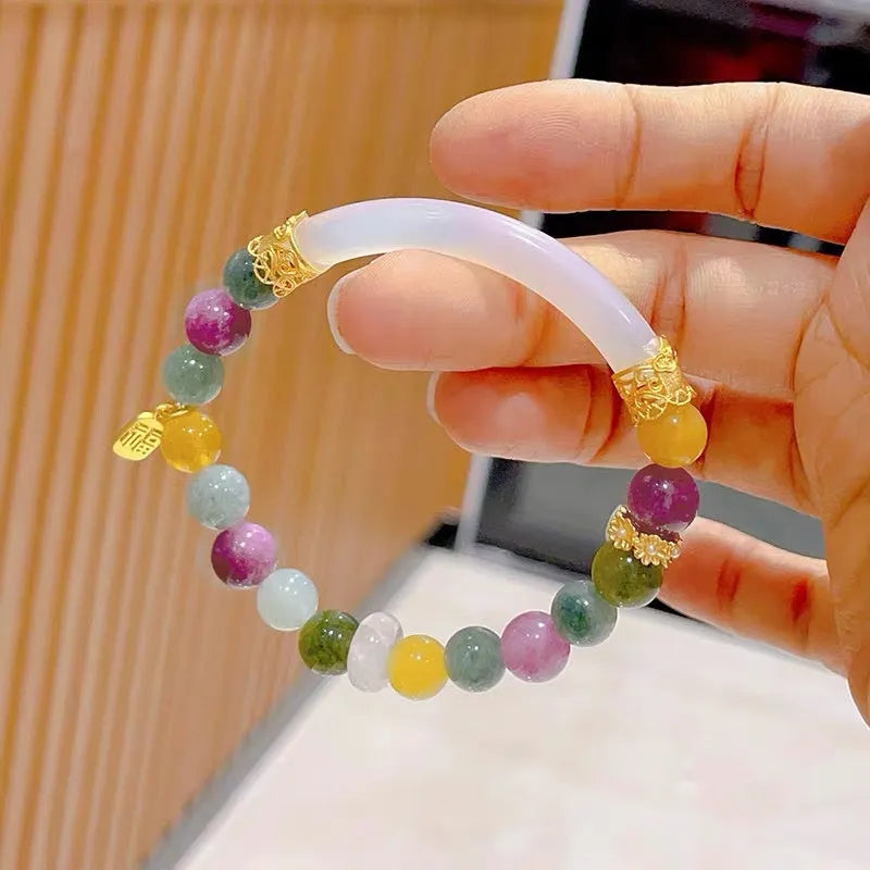 Natural rainbow tourmaline jade half-bracelet for women showing colourful stone construction