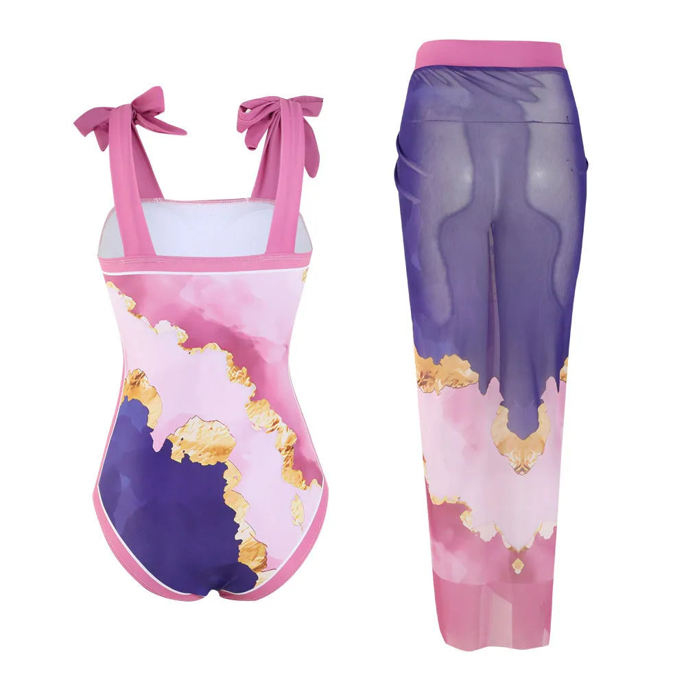 Women's floral pattern one-piece swimsuit with mesh tube top and removable skirt