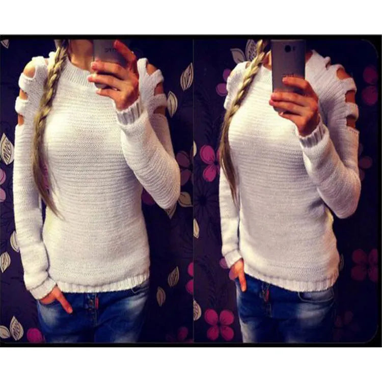 Women's solid colour crochet hollow-out knitted shirt with round neck and long sleeves