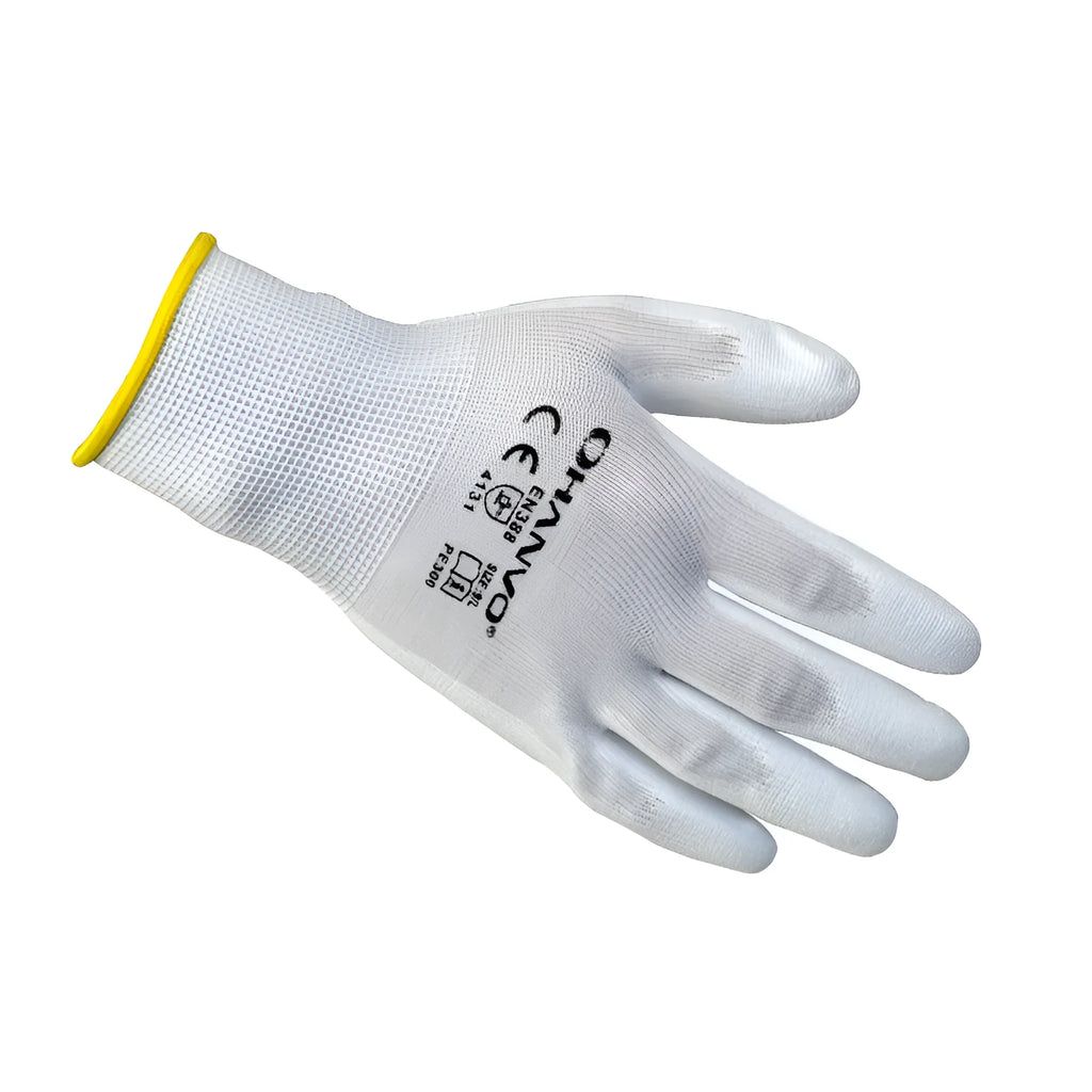 White PU-coated work gloves showing flexible construction and 24 cm length with wrist coverage