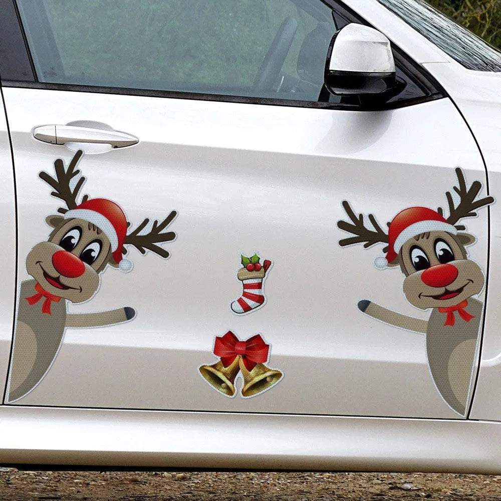 Set of magnetic Christmas car bumper stickers with a reflective luminous elk and bells cartoon design