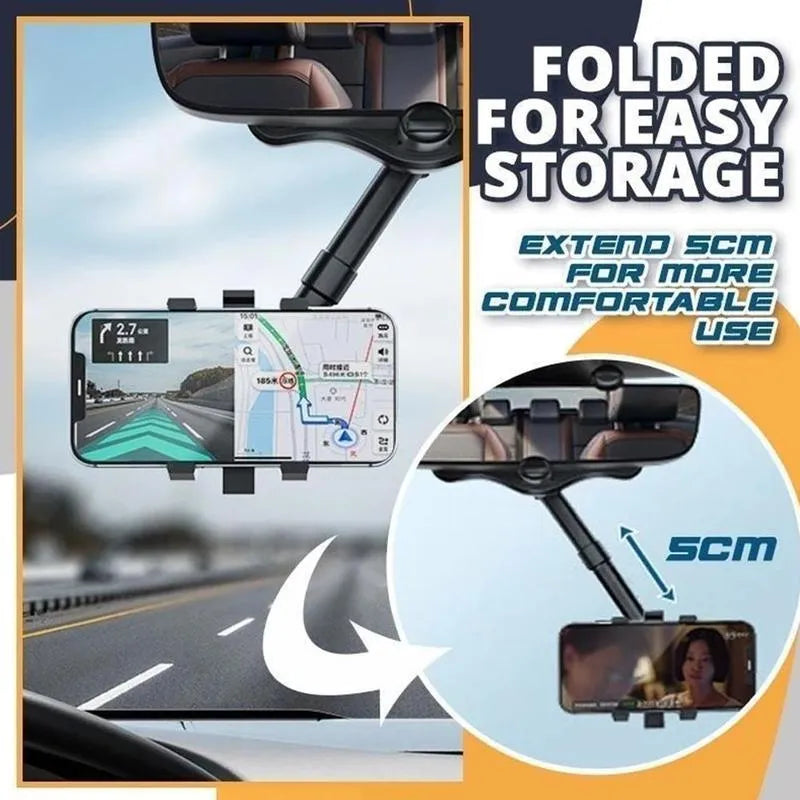 Black rearview mirror phone holder with 360-degree rotation mounted on car mirror holding mobile phone