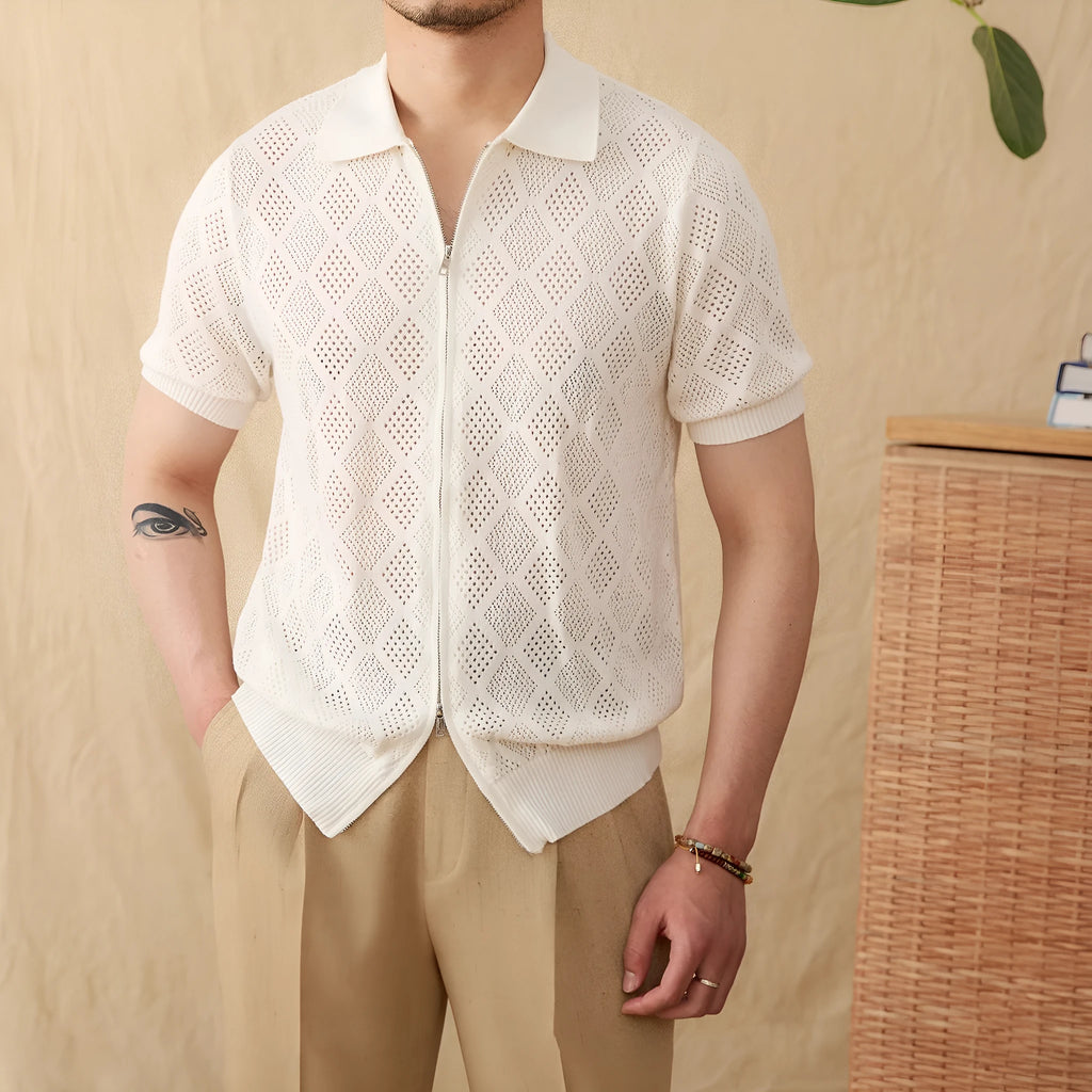 Light brown cotton cardigan with front zipper and lapel collar showing short sleeve design