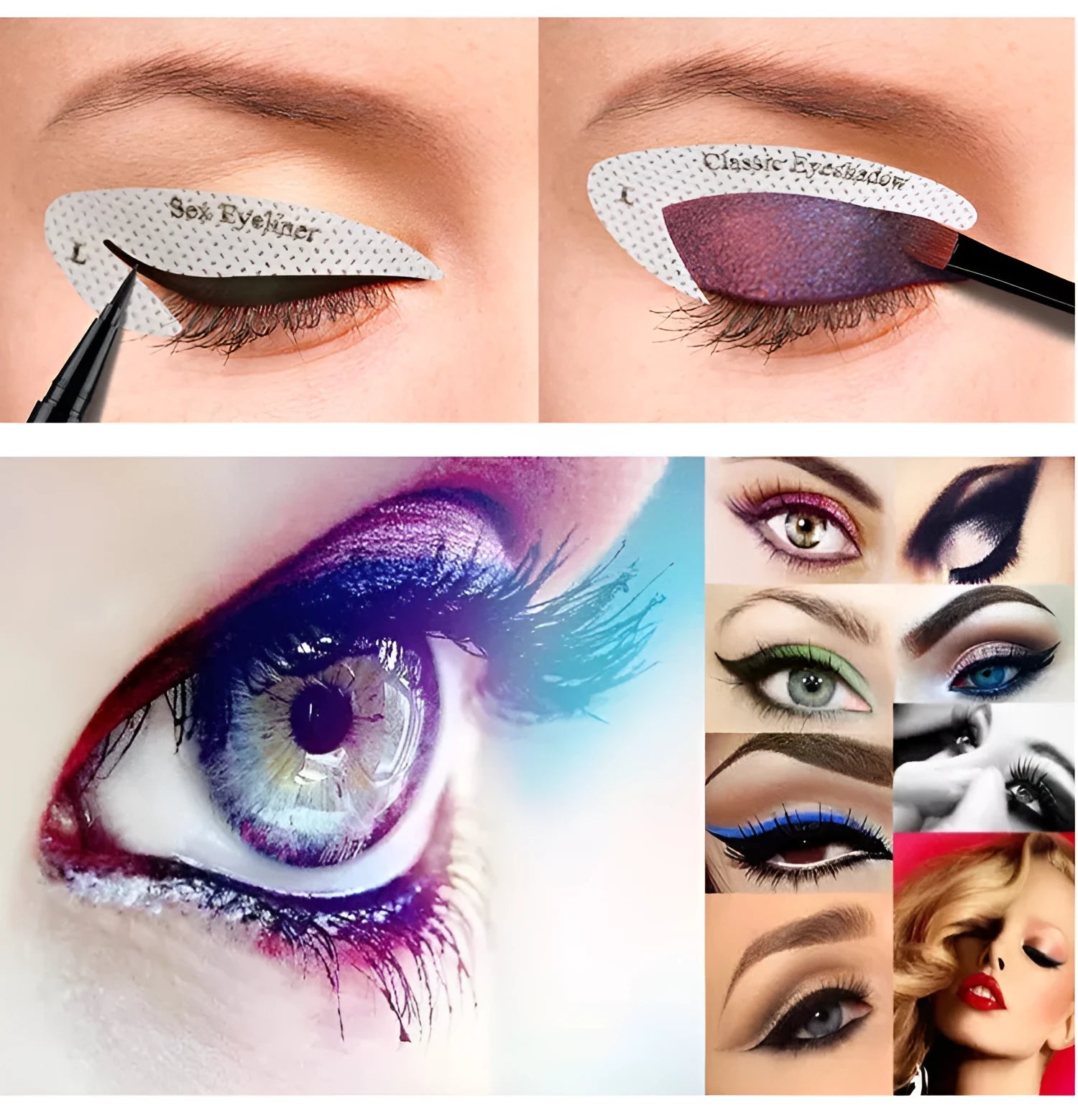 Set of four reusable eyeliner sticker templates showing different winged eyeliner and eyeshadow designs