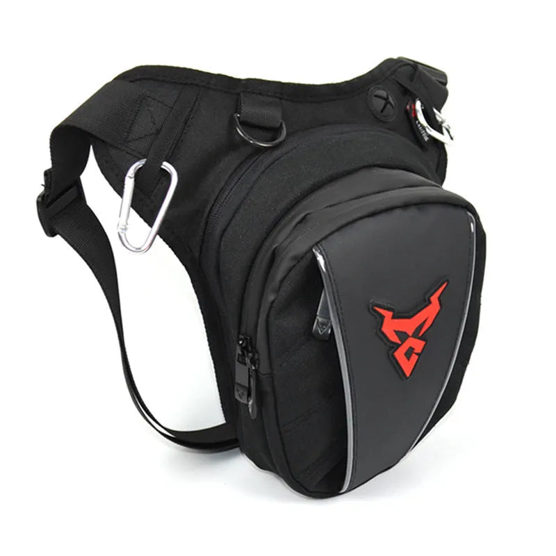 Motorcycle leg bag in red blue green grey colours with adjustable depth and crossbody shoulder waist carry options