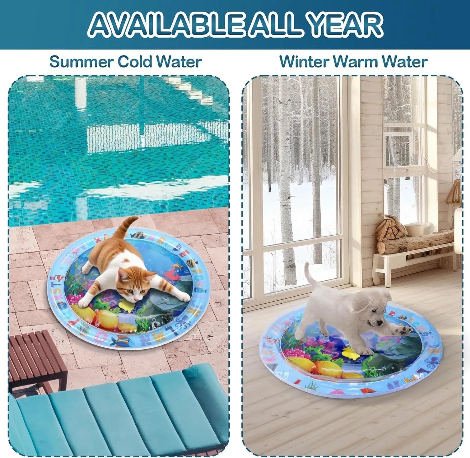 Water sensory playmat for cats with floating toys in ocean theme design on blue PVC surface