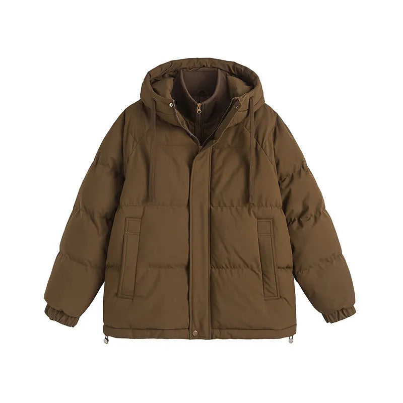 Loose winter cotton-padded coat in mustard yellow colour with side seam pockets