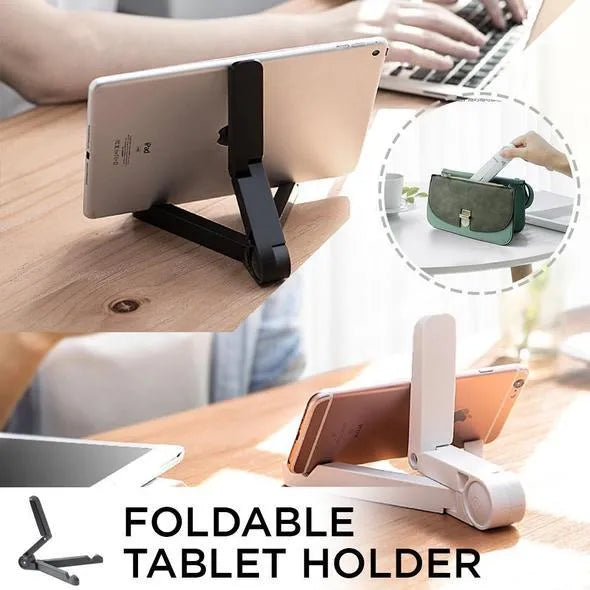 Black foldable aluminium tablet holder shown open and folded flat next to a smartphone