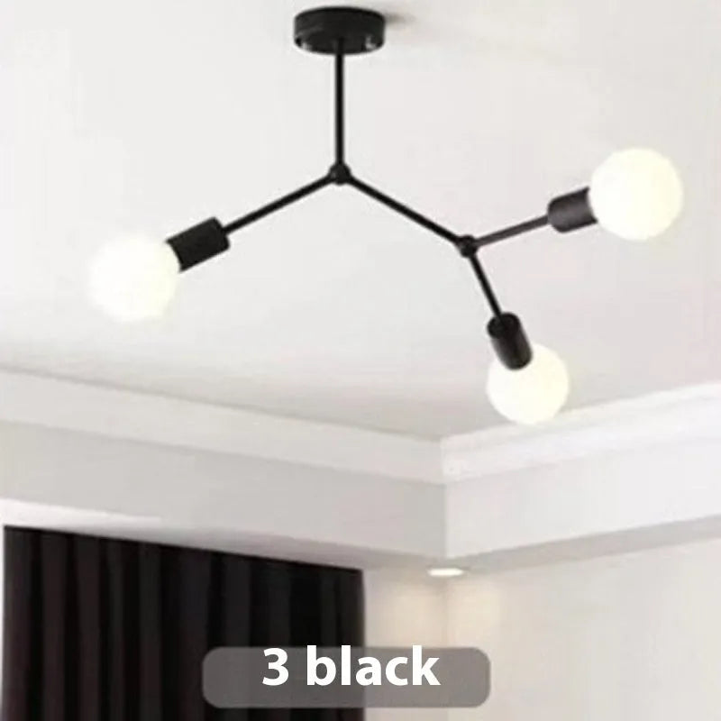 Nordic style iron ceiling chandelier with multiple light arms, in a black finish, mounted on a white ceiling.