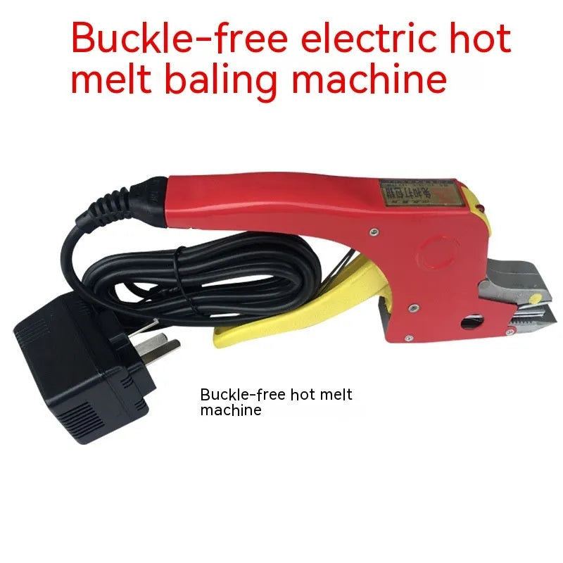 Electric hot melt packing machine with plastic steel tensioner and yellow packaging tape on a work surface.