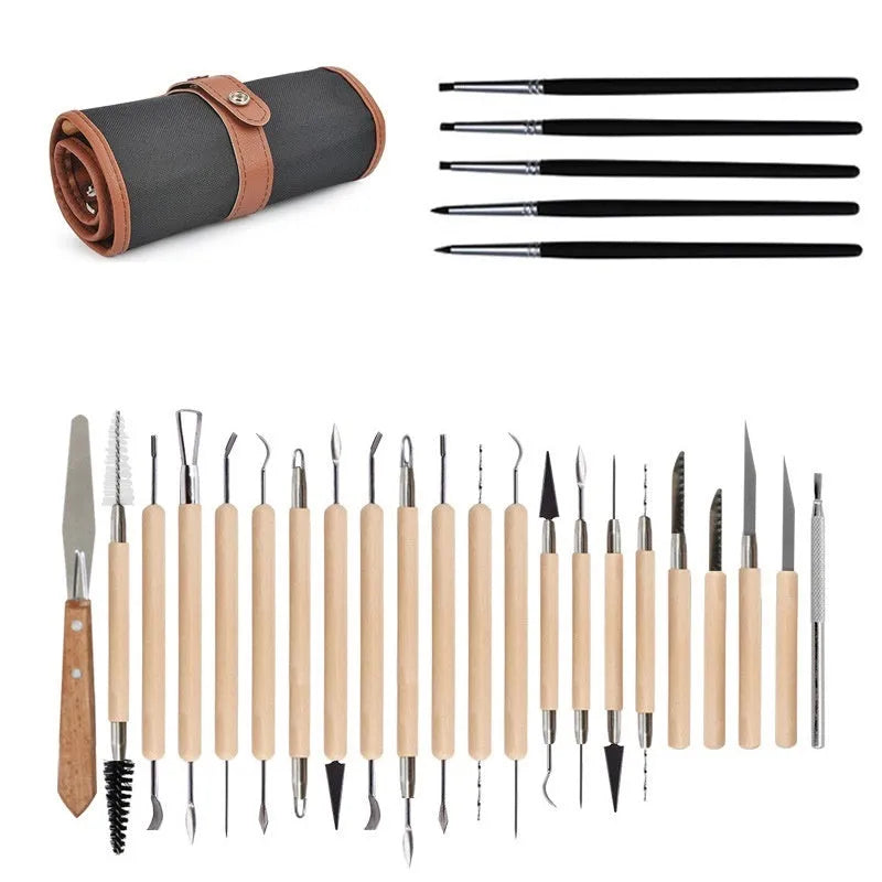27-piece pottery clay tool set with stainless steel, wood, and plastic instruments for sculpture.