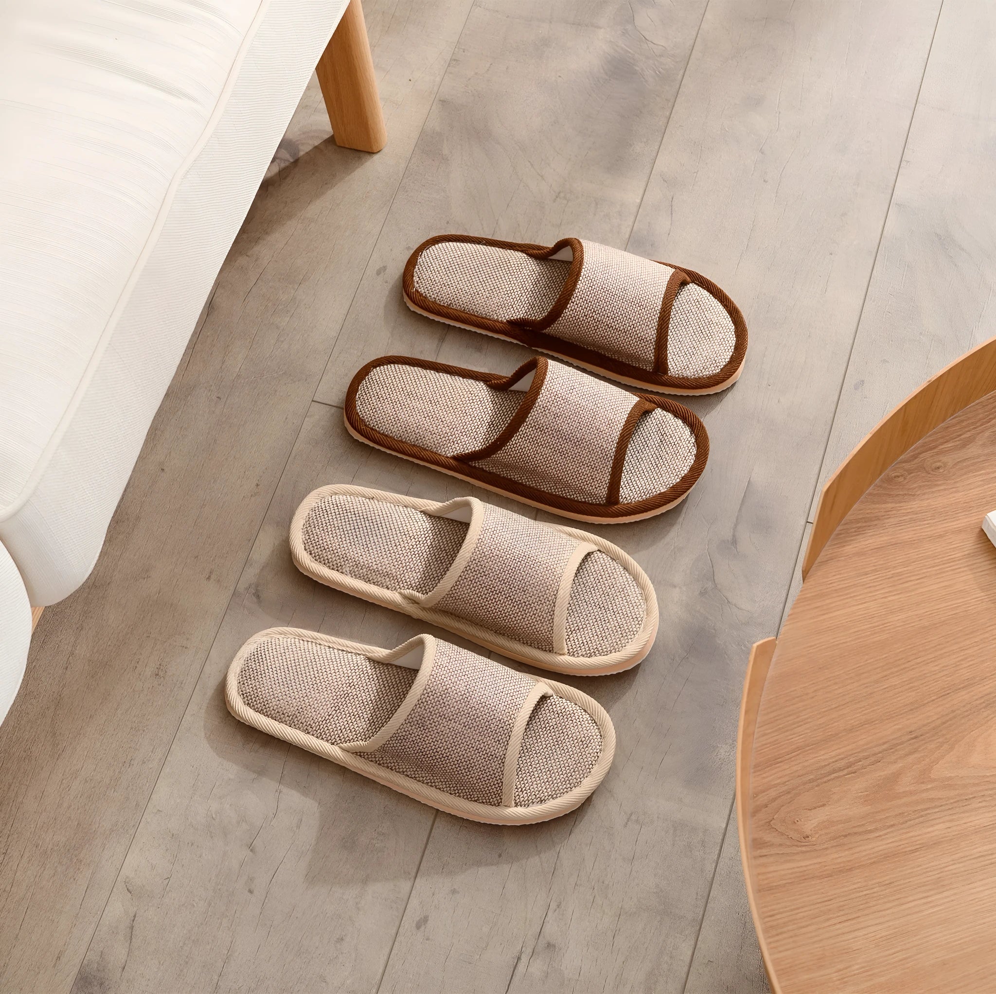 Women's open toe slippers in linen and cotton with thickened sole in dark coffee and pure gray colors