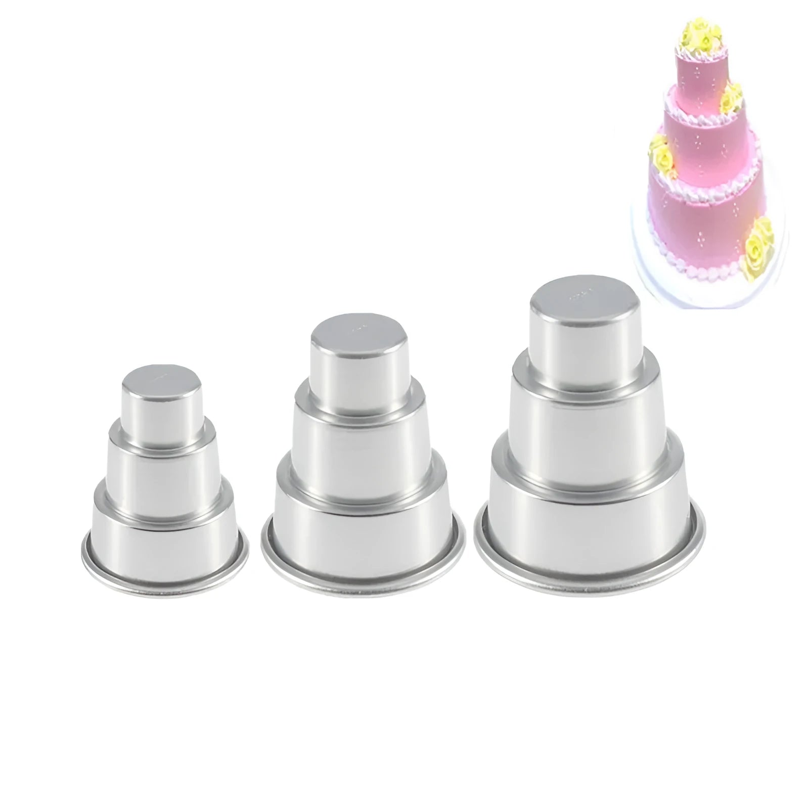 Silver aluminium alloy three-layer cake mould baking tool with large medium small size options
