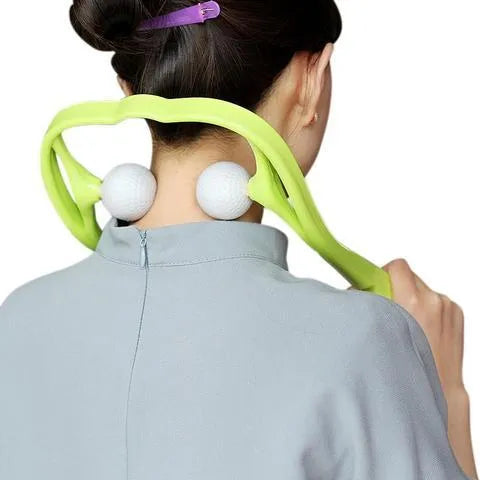 Plastic neck massager with hand roller in pink, blue, or green colours on adjustable stand