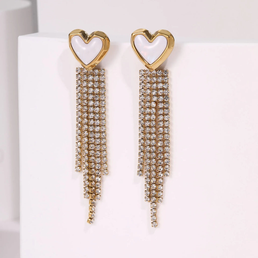 Stainless steel earrings with diamond tassel designs featuring love heart and star geometric shapes