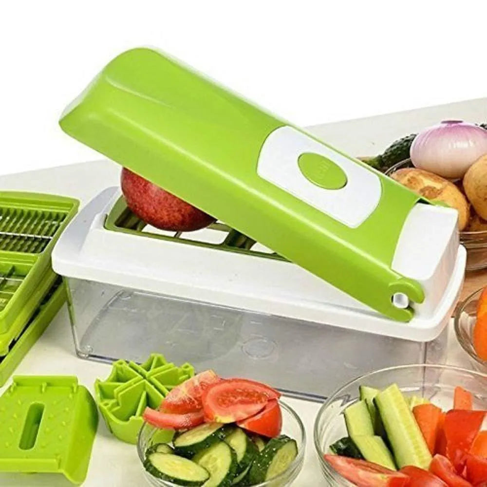 Green manual vegetable chopper with stainless steel blades and handheld design for kitchen food preparation