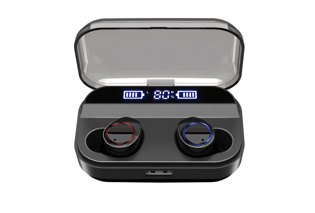 Black X11 Sky-Free true wireless Bluetooth earbuds with compact charging case on a white background.