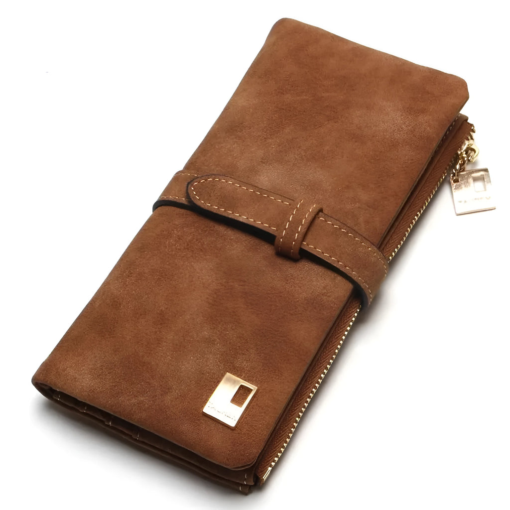 Korean retro matte leather long wallet open showing card slots, phone pocket, and two-fold design