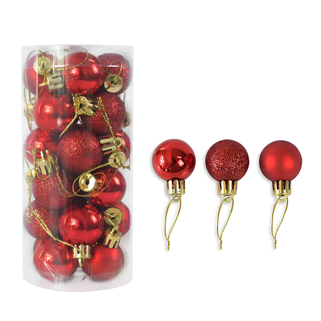 Assorted shiny matte 3cm Christmas balls in red, gold, silver, blue, and pink colours.