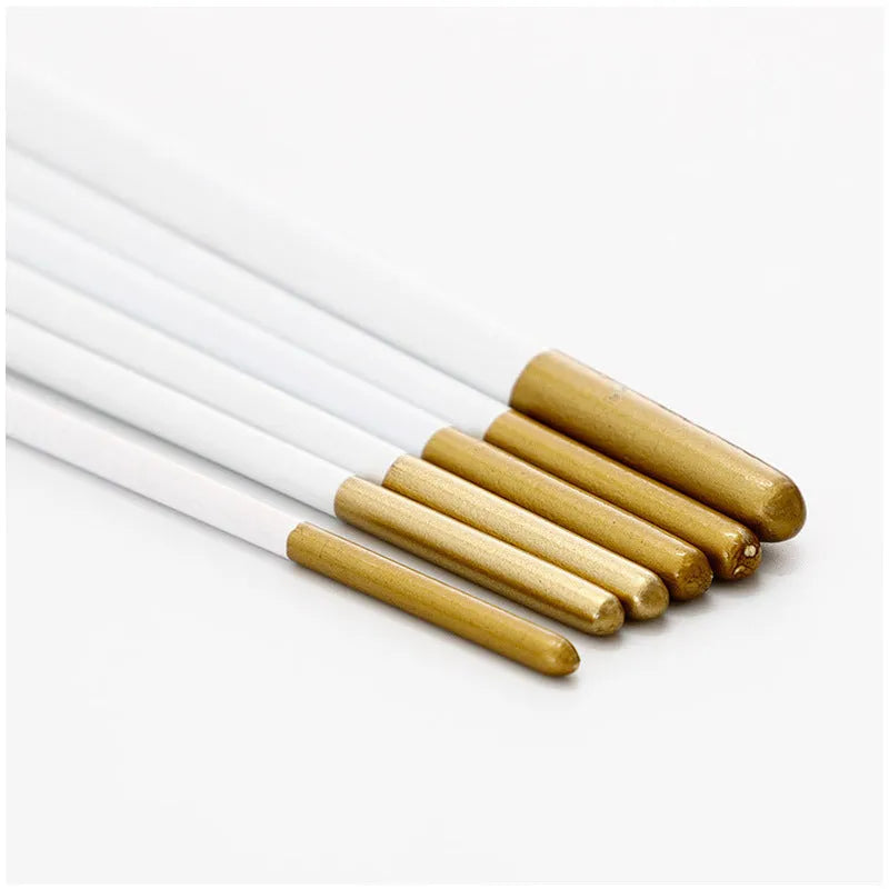 Set of six acrylic watercolour paint brushes with wood handles on a white background.