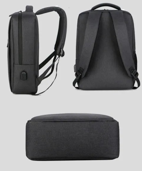 Black waterproof rechargeable laptop backpack with shoulder straps, showing front compartment