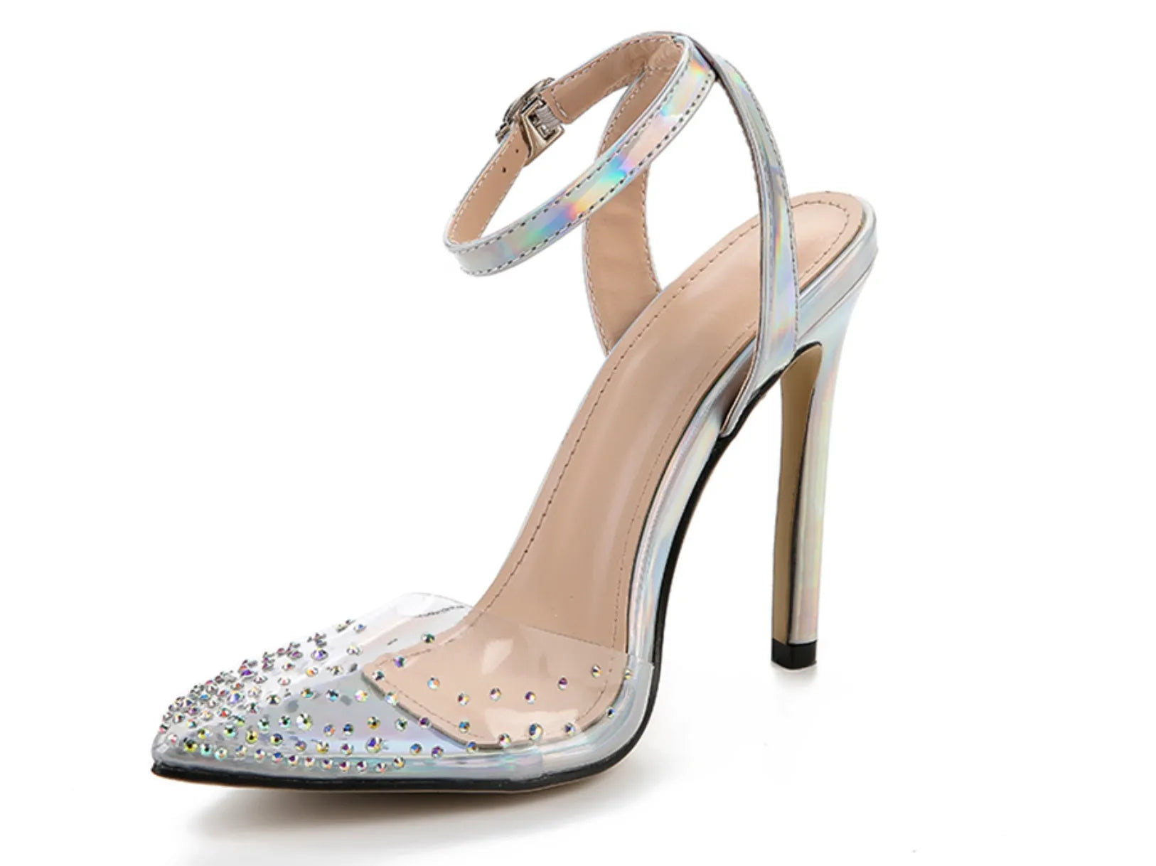 Women's pointed toe diamond sandals with stiletto heel and strappy PVC upper.