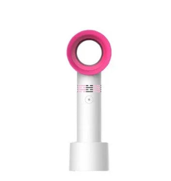 Compact portable bladeless fan in chosen colour on its base, with USB cable for charging.