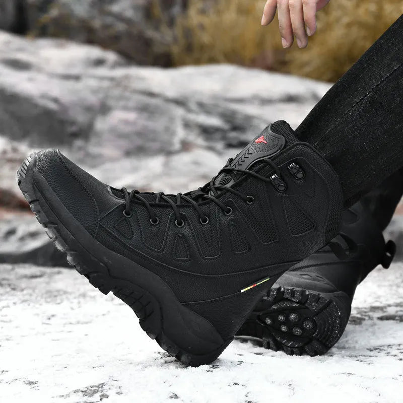 Cowhide leather hi-top hiking shoes in black brown beige colours