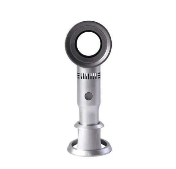 Compact portable bladeless fan in chosen colour on its base, with USB cable for charging.