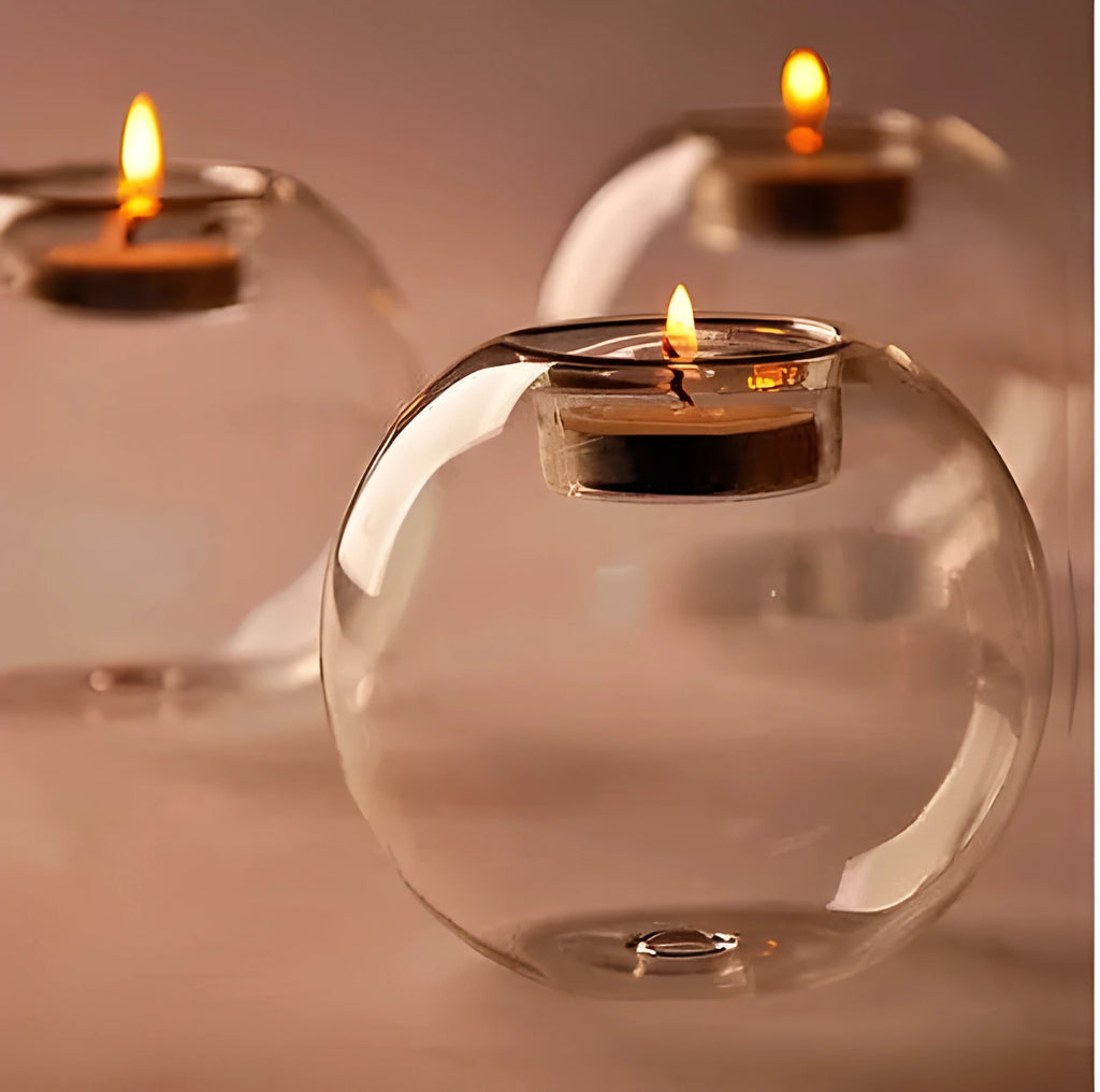 Handmade European hollow glass spherical candle holder in three size options