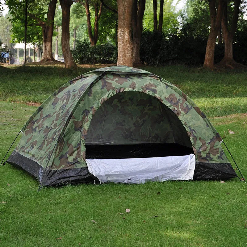Green camouflage pattern camping tent with triangular skylight and steel ground nails