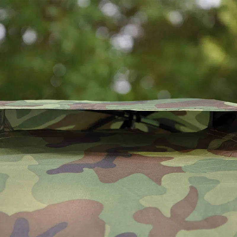 Green camouflage pattern camping tent with triangular skylight and steel ground nails