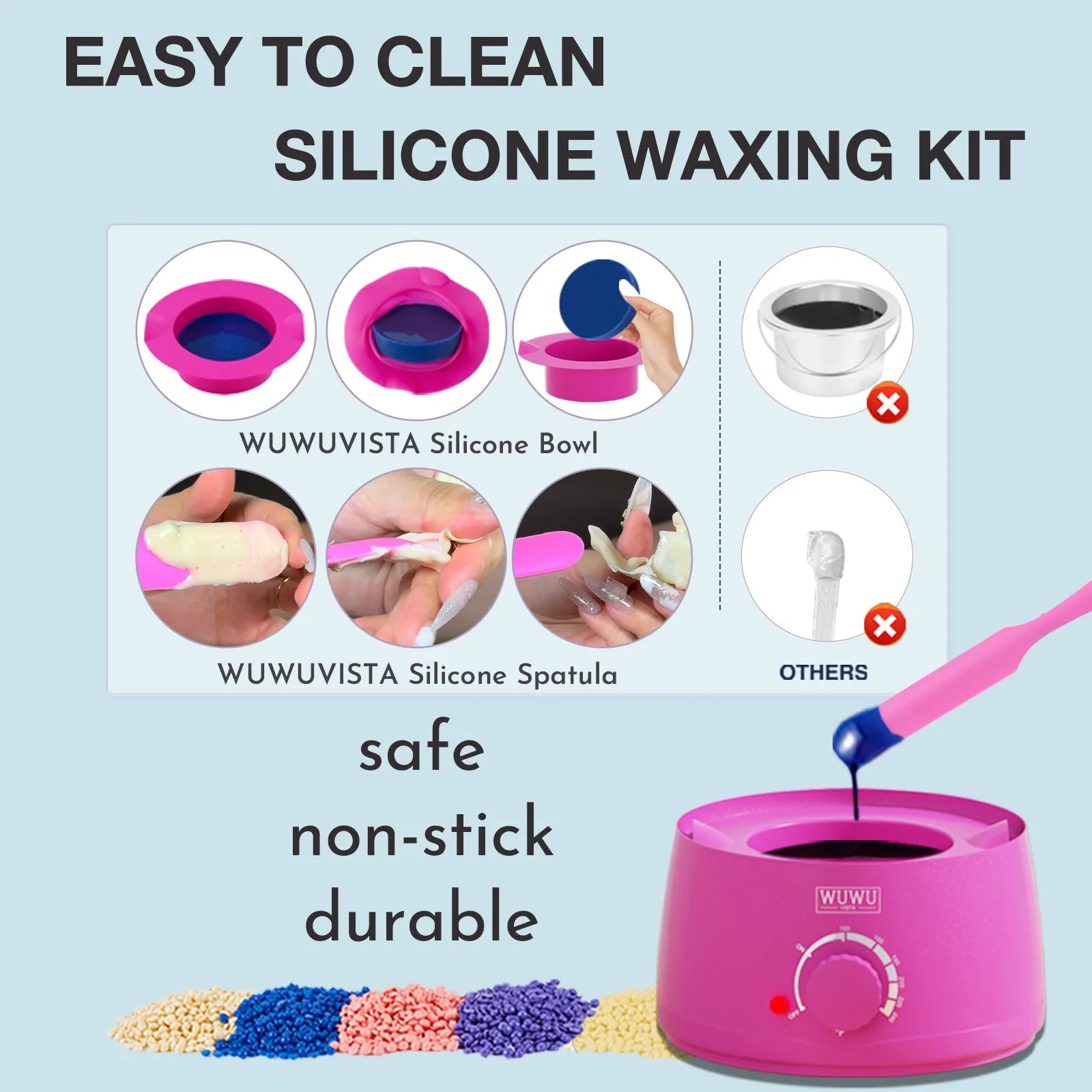 WUWUVISTA 63-piece waxing kit with black wax warmer, hard wax beans, applicator sticks, and silicone tools