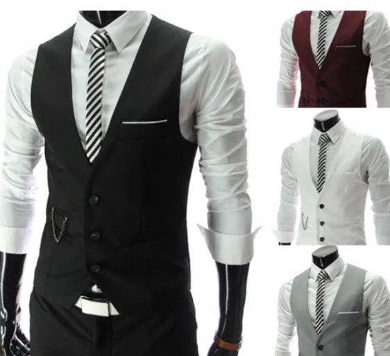 Men's cotton blend suit vest with long sleeves, lapel collar, single-breasted front, side seam pockets, in white, grey, black, or wine red.