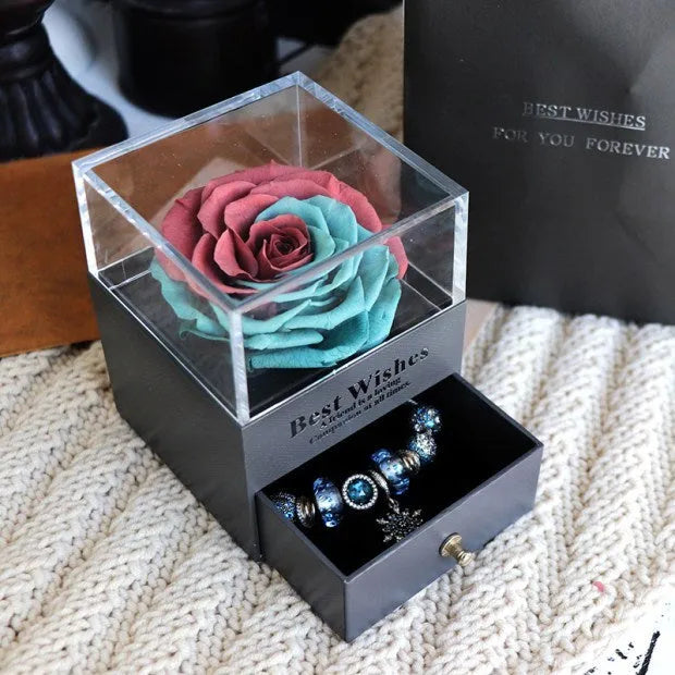 Preserved eternal rose and carnation gift box in glass display case for jewellery storage