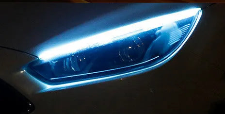 Flexible silicone car LED light strip showing daytime running light and flowing turn signal function in blue to yellow.