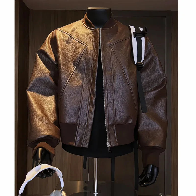 Men's black PU leather biker jacket with egg white litchi pattern texture, extended length design