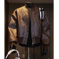 Men's black PU leather biker jacket with egg white litchi pattern texture, extended length design