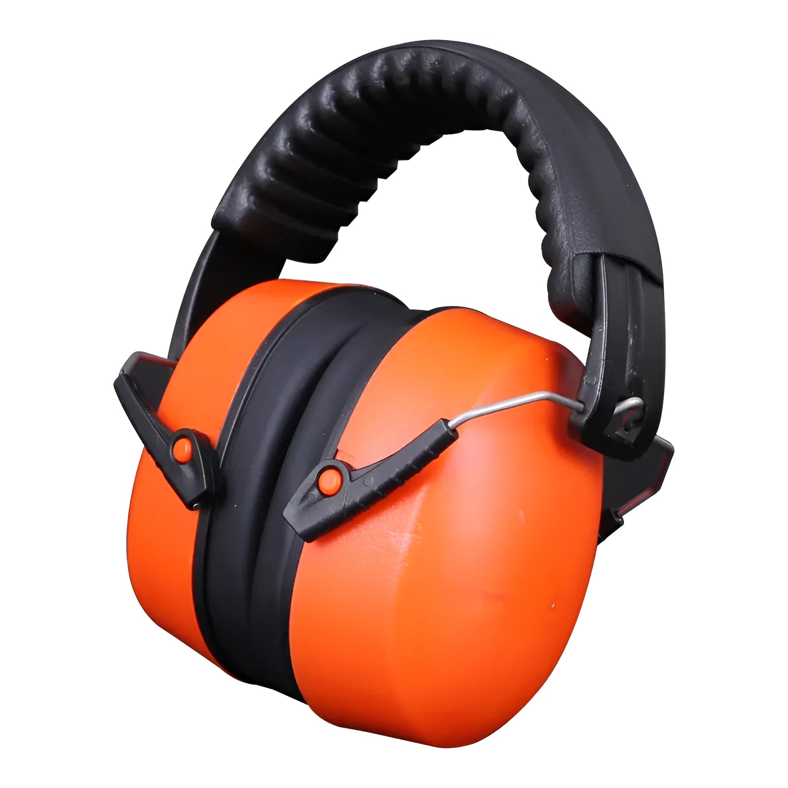 Orange head-mounted noise-cancelling headphones and protective earmuffs on a white background.
