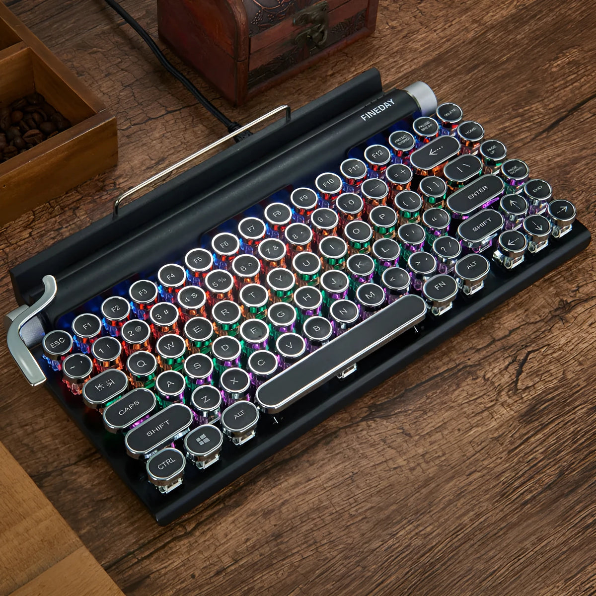 Black retro typewriter mechanical keyboard with Bluetooth connectivity and seven-colour backlight illumination