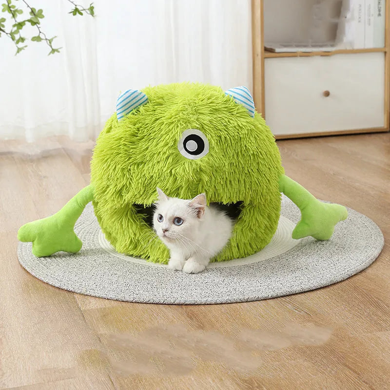 Round fluffy cat bed with plush fabric and non-slip base in three size options