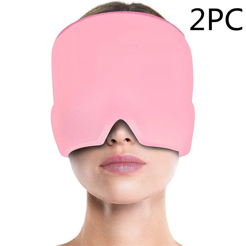 Black elastic cloth gel cooling eye mask for headache relief, shown with adjustable strap.